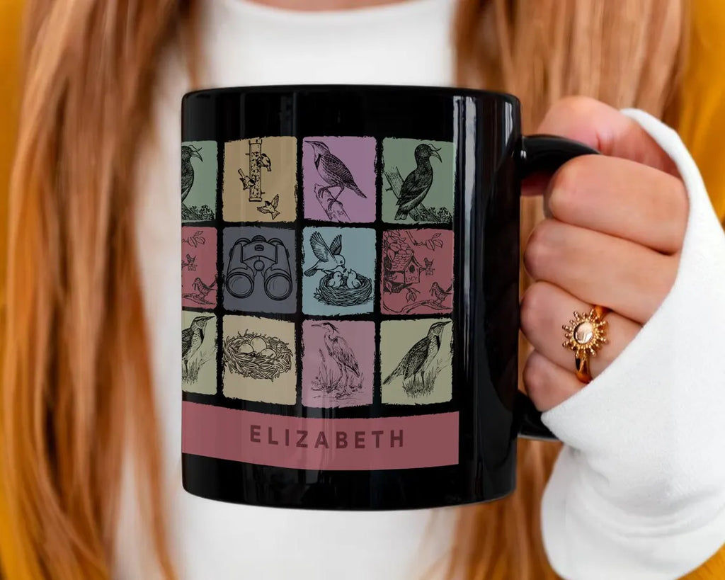 Personalized Birdwatcher Mug: Custom Name Coffee Cup Gift for Nature Lover, Wildlife Enthusiast, Bird Watching Man or Woman