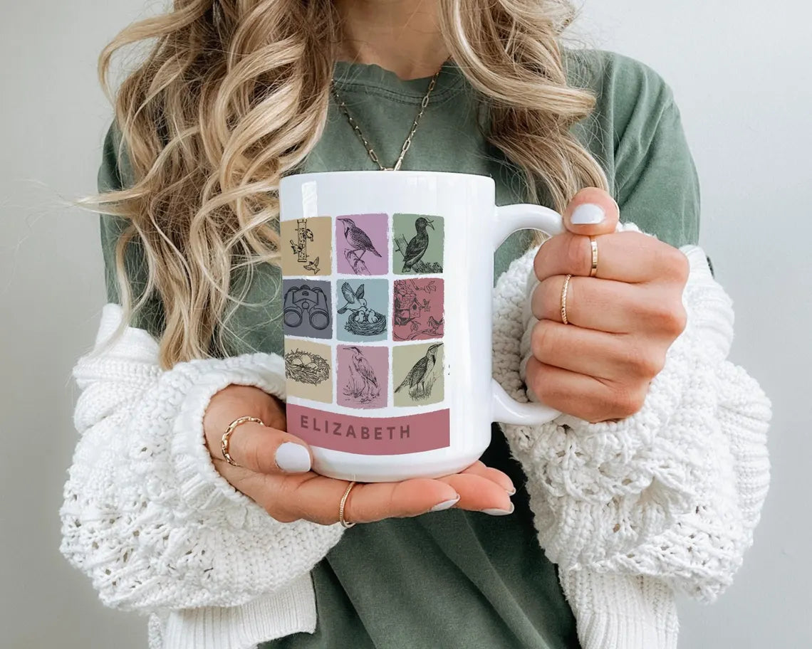 Personalized Birdwatcher Mug: Custom Name Coffee Cup Gift for Nature Lover, Wildlife Enthusiast, Bird Watching Man or Woman