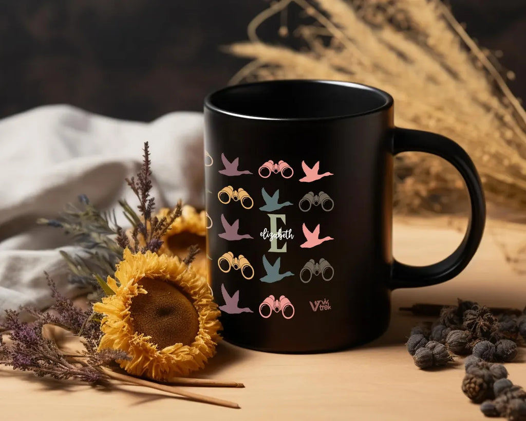 Birdwatcher Custom Initial Name Mug: Personalized Coffee Cup Gift for Nature Lover, Bird Watching Enthusiast, Wildlife Lover