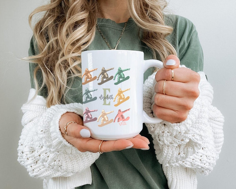 Snowboarding Initial Custom Name Mug - Personalized Coffee Cup Gift for Snowboarder - Extreme Sports Enthusiast Winter Adventure