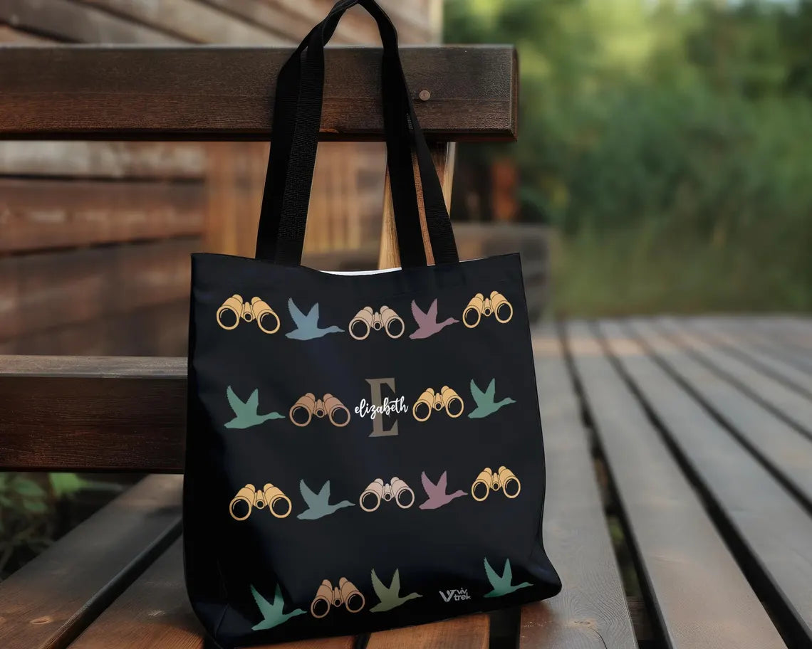 Personalized Birdwatcher Custom Initial Name Tote Bag - Bird Lover Gift Outdoor Adventure Eco Reusable Shopping Bag