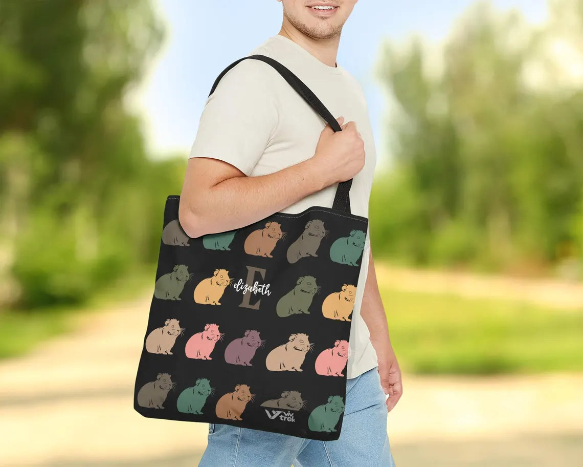 Guinea Pig Custom Initial Name Tote Bag – Personalized Pet Lover Gift Under $25, Vintage Retro Shopper 🐹🛍️