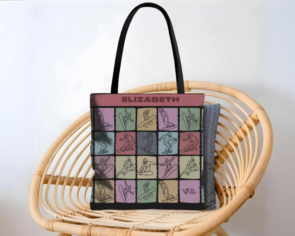 Custom Name Snowboarding Tote Bag - Personalized Winter Sports Gift - Retro Snowboard Lover Cozy Ski Lodge Travel Graphic