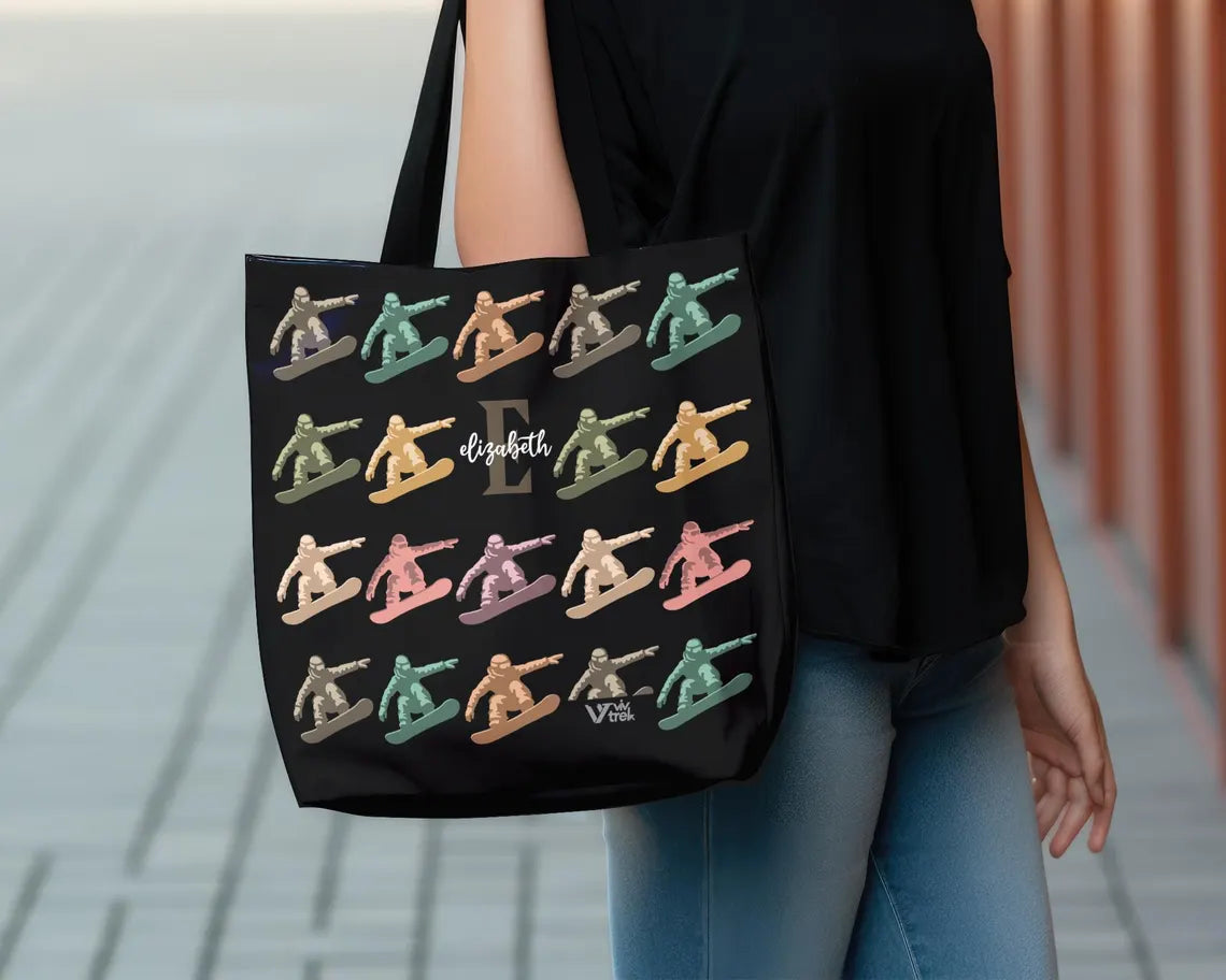 Custom Initial Name Snowboarding Tote Bag - Personalized Winter Sports Gift - Retro Snowboard Lover Cozy Ski Lodge Graphic