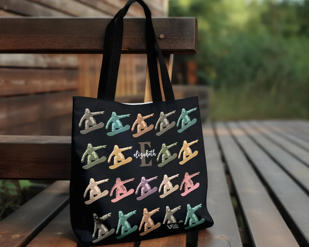 Custom Initial Name Snowboarding Tote Bag - Personalized Winter Sports Gift - Retro Snowboard Lover Cozy Ski Lodge Graphic