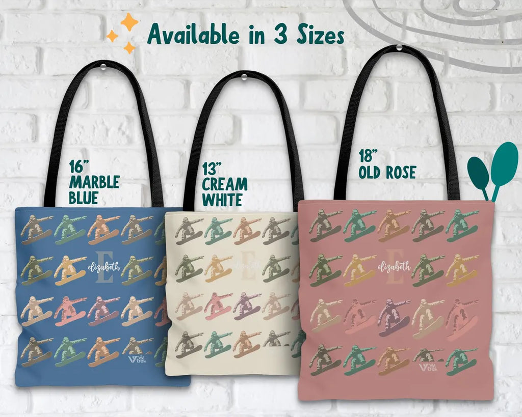 Custom Initial Name Snowboarding Tote Bag - Personalized Winter Sports Gift - Retro Snowboard Lover Cozy Ski Lodge Graphic