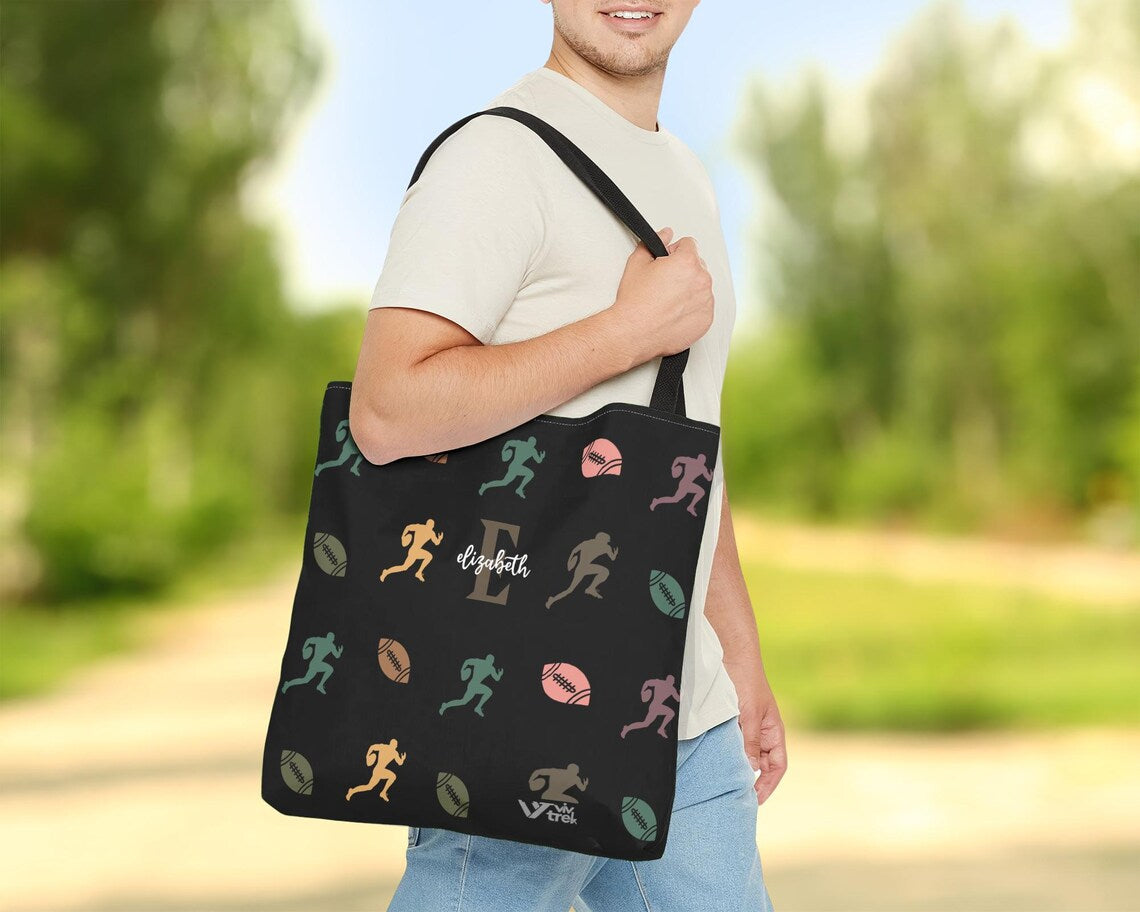 Custom Name Initial Rugby Lover Tote Bag - Retro Personalized Rugby Fan Gift - Vintage Sports Cozy Rugby Player Team Carry Bag