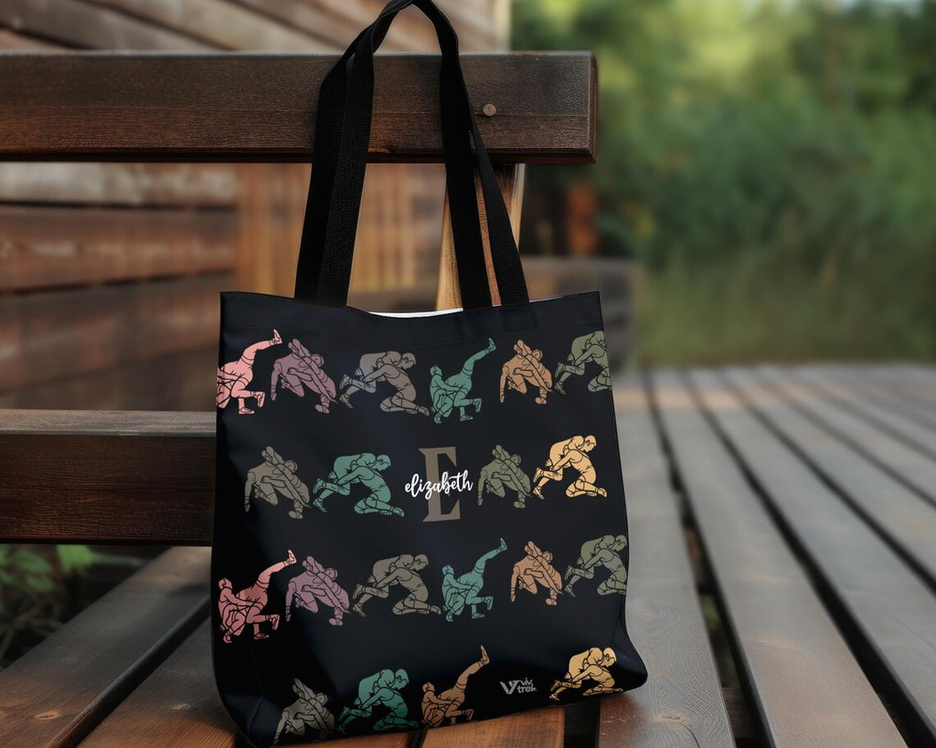 Wrestling Custom Name Initial Tote Bag - Vintage Personalized Sports Bag - Custom Wrestler Gift Retro Athlete Shoulder Bag