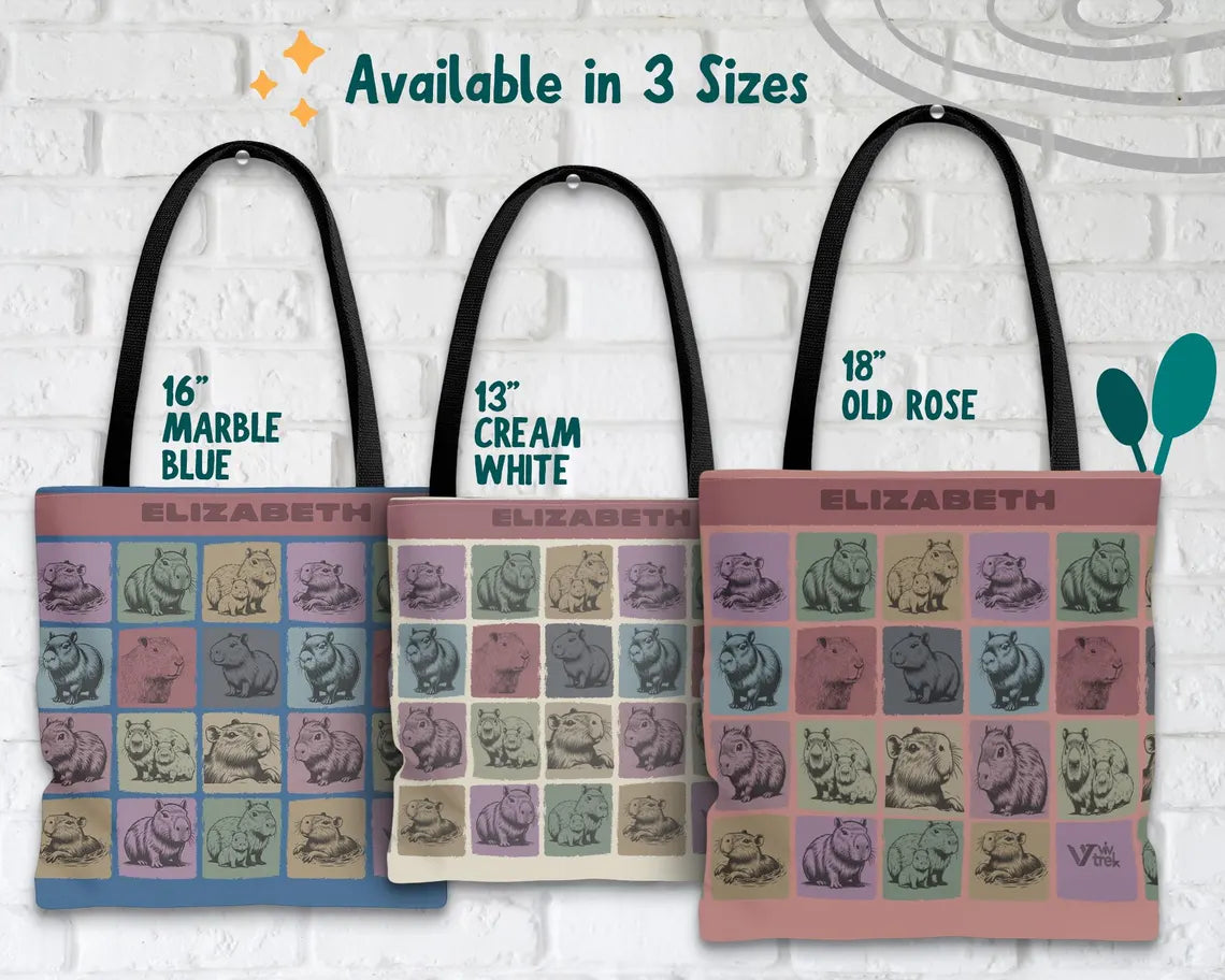 Custom Name Capybara Tote Bag – Vintage Personalized Animal Lover Gift – Retro Cute Rodent Shoulder Bag