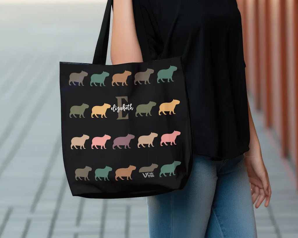 Custom Initial Name Capybara Tote Bag – Vintage Personalized Lover Gift – Retro Cute Rodent Shoulder Bag