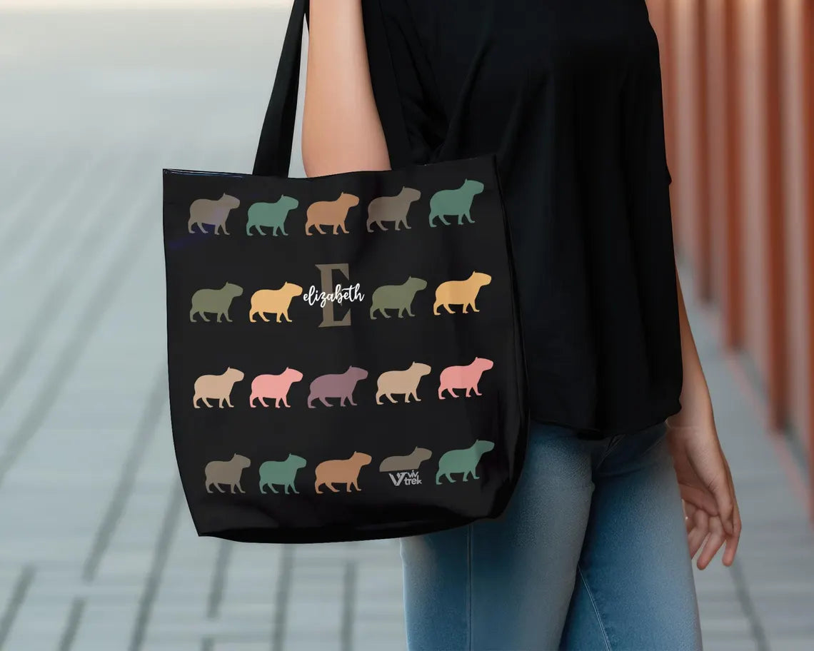 Custom Initial Name Capybara Tote Bag – Vintage Personalized Lover Gift – Retro Cute Rodent Shoulder Bag