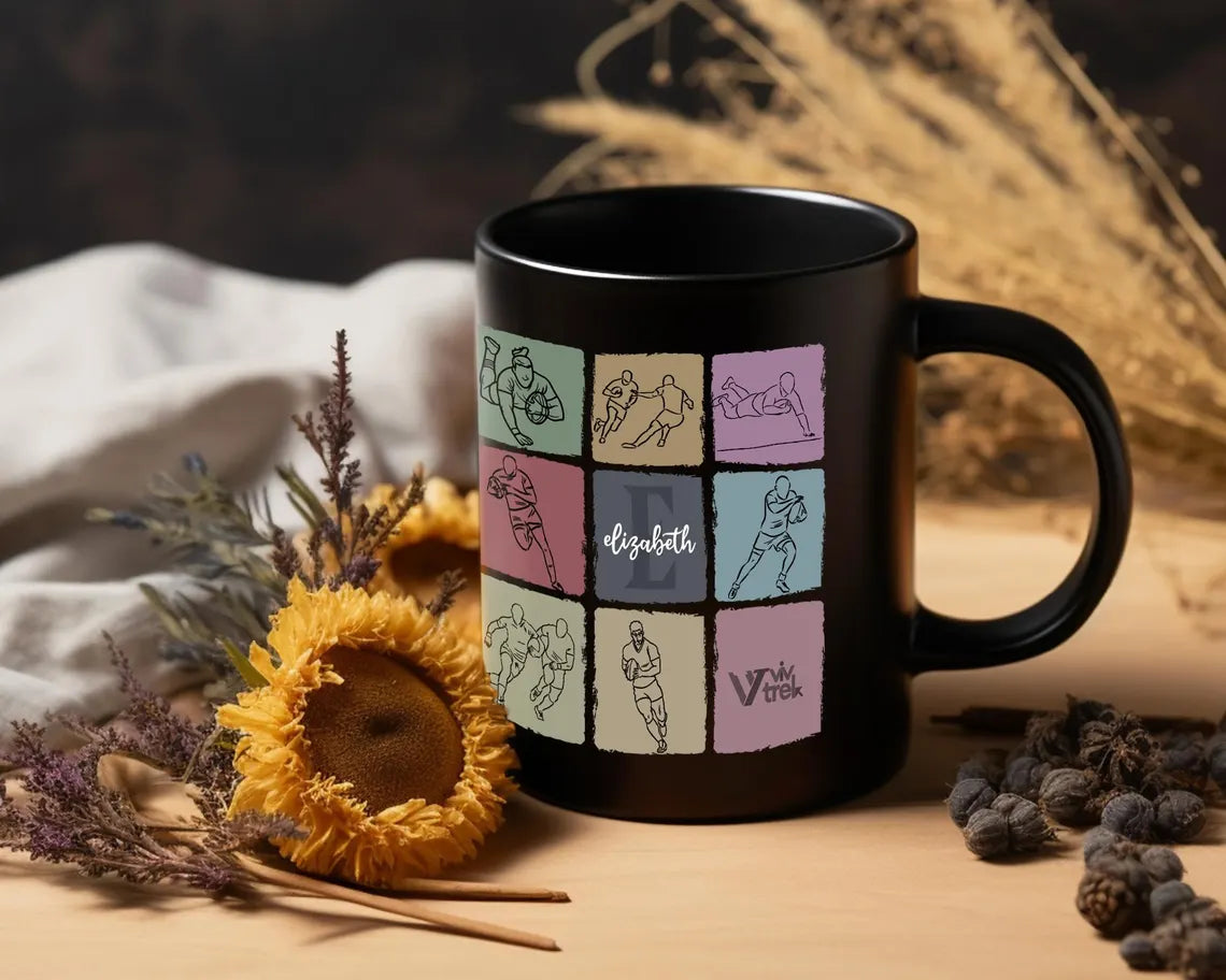 Personalized Name Initial Rugby Mug - Custom Rugby Lover Cup - Vintage Sports Fan Drinkware Unique Rugby Player Gift Retro