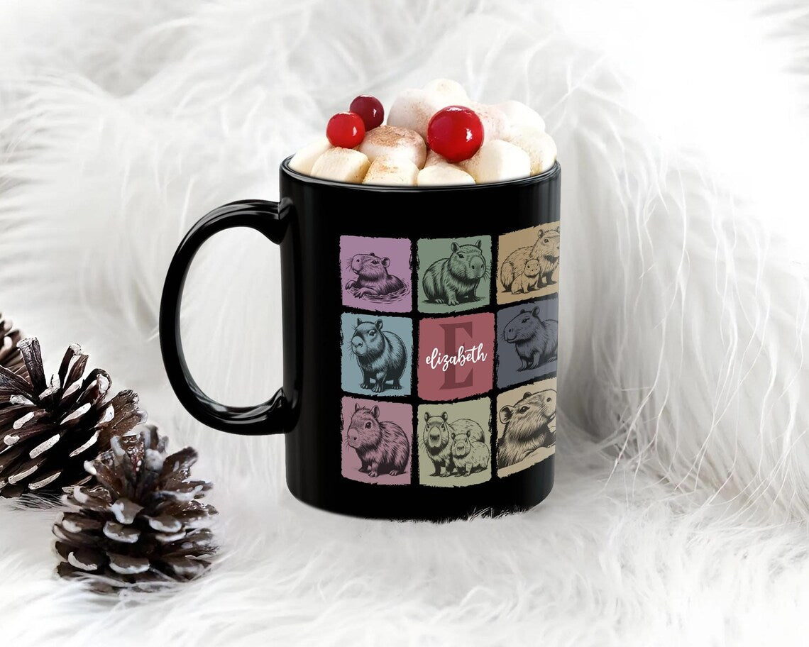 Custom Initial Name Capybara Mug – Personalized Vintage Rodent Gift – Retro Pet Owner Coffee Cup