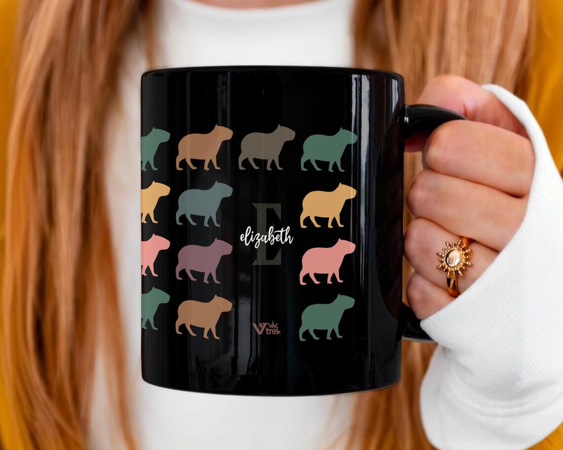 Custom Initial Name Capybara Mug – Personalized Vintage Animal Cup – Retro Rodent Lover Gift