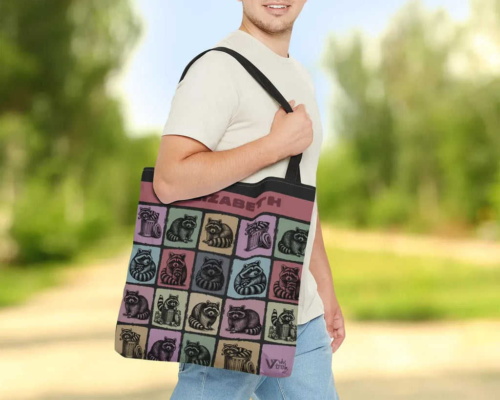 Custom Name Raccoon Tote Bag – Personalized Trash Panda Lover Gift – Retro Animal Print Shopper