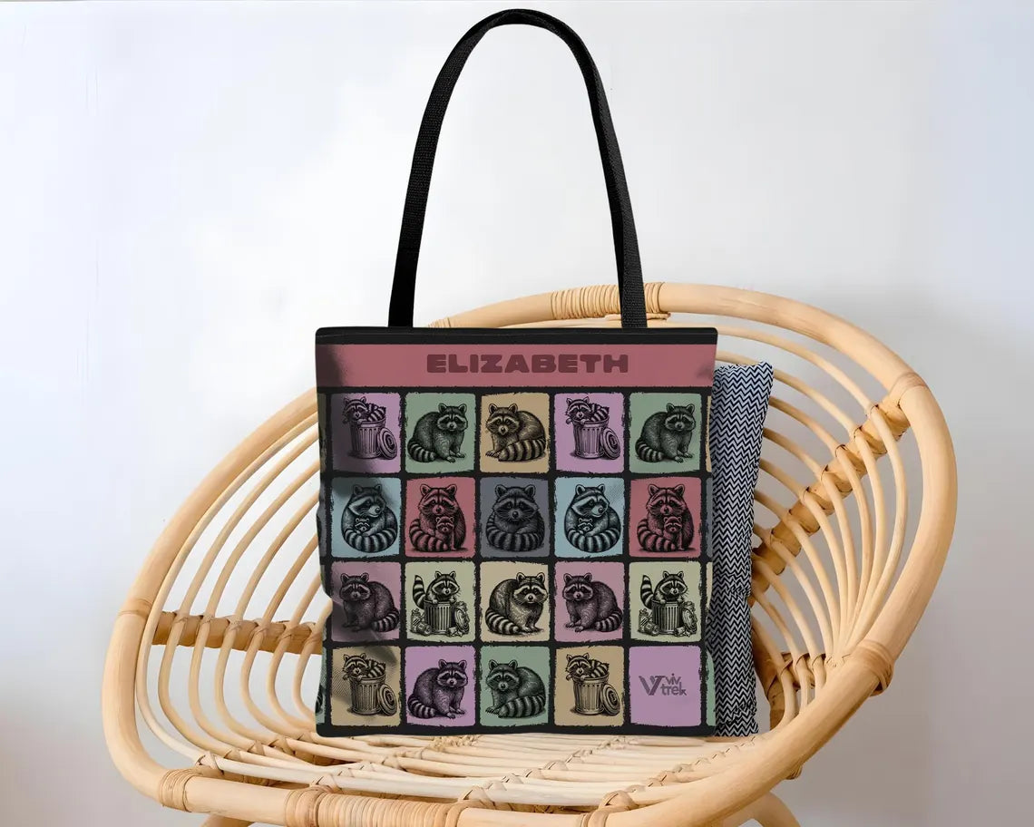 Custom Name Raccoon Tote Bag – Personalized Trash Panda Lover Gift – Retro Animal Print Shopper