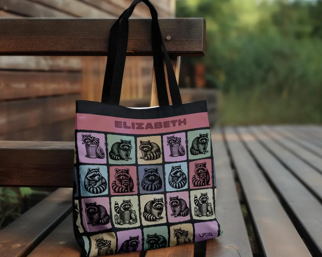 Custom Name Raccoon Tote Bag – Personalized Trash Panda Lover Gift – Retro Animal Print Shopper