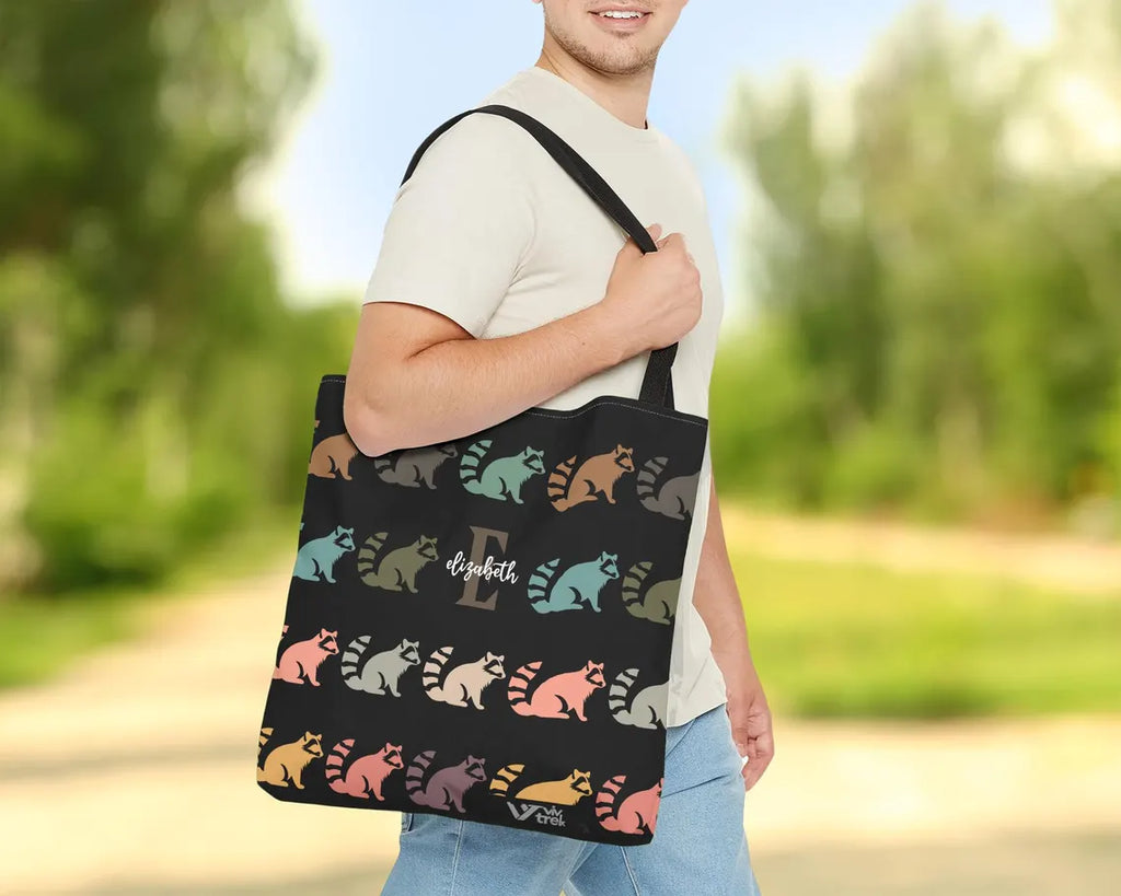Custom Initial Name Raccoon Tote Bag – Personalized Trash Panda Gift – Retro Animal Print Shopper
