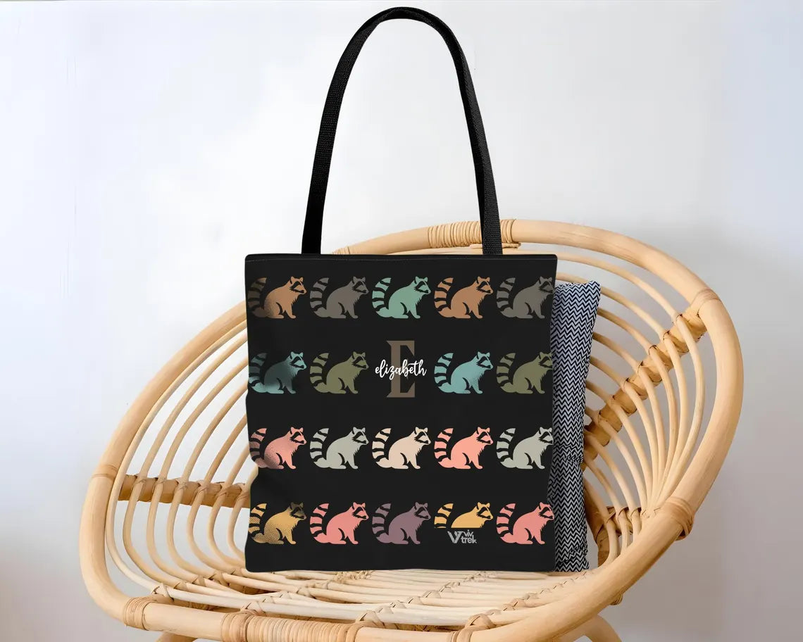 Custom Initial Name Raccoon Tote Bag – Personalized Trash Panda Gift – Retro Animal Print Shopper