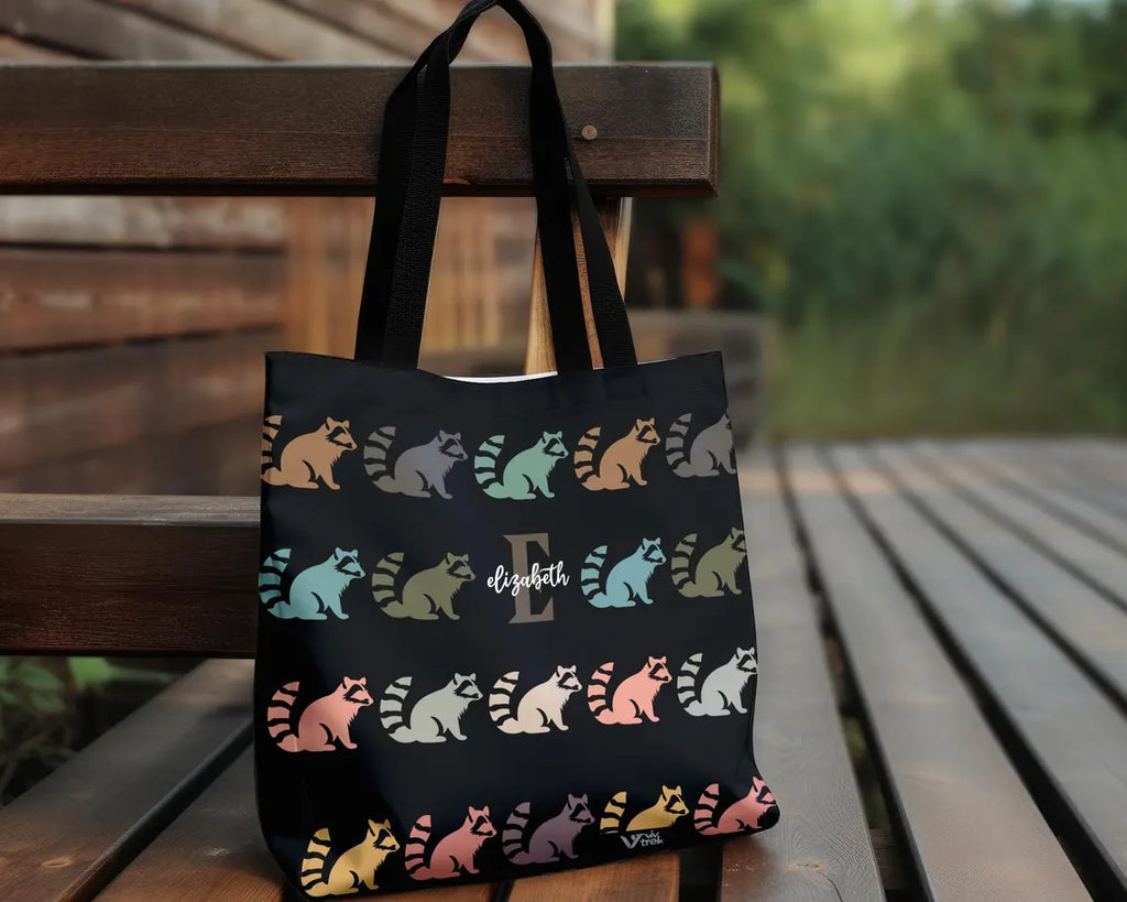 Custom Initial Name Raccoon Tote Bag – Personalized Trash Panda Gift – Retro Animal Print Shopper