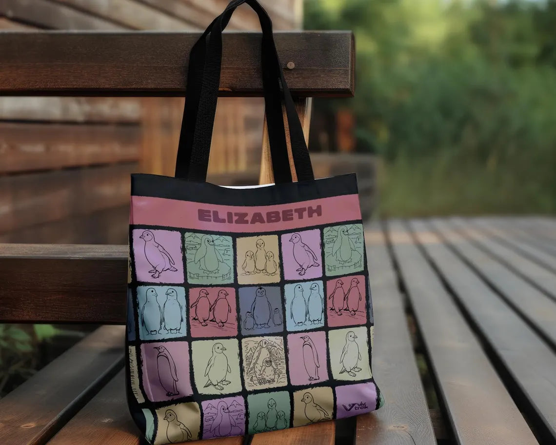 Custom Name Penguin Tote Bag - Personalized Kawaii Penguin Lover Gift - Retro Ocean Animal Shopper Vintage Sea Creature Tote