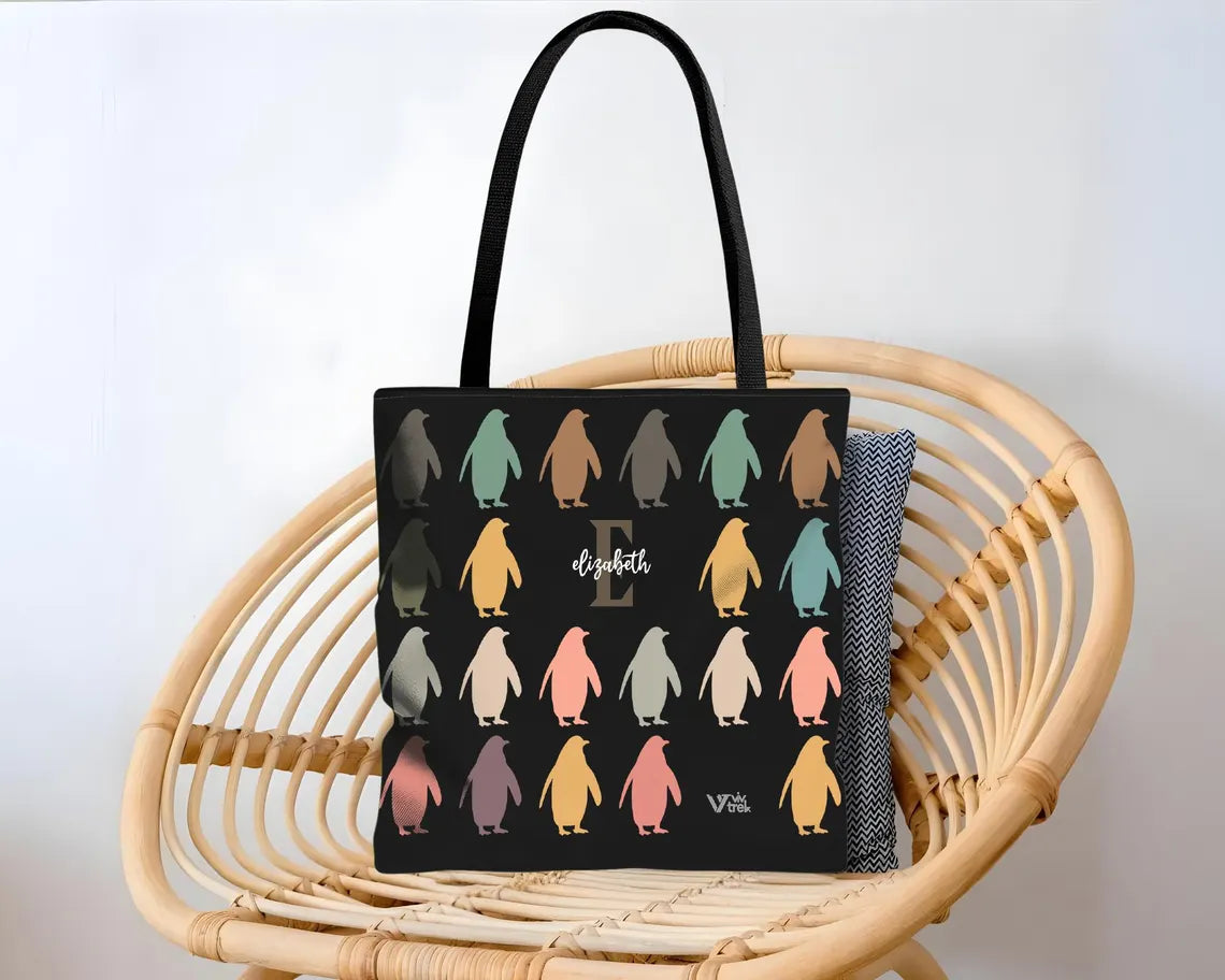 Personalized Penguin Tote Bag Custom Name Initial Kawaii Gift - Retro Ocean Animal Shopper Vintage Sea Creature Tote