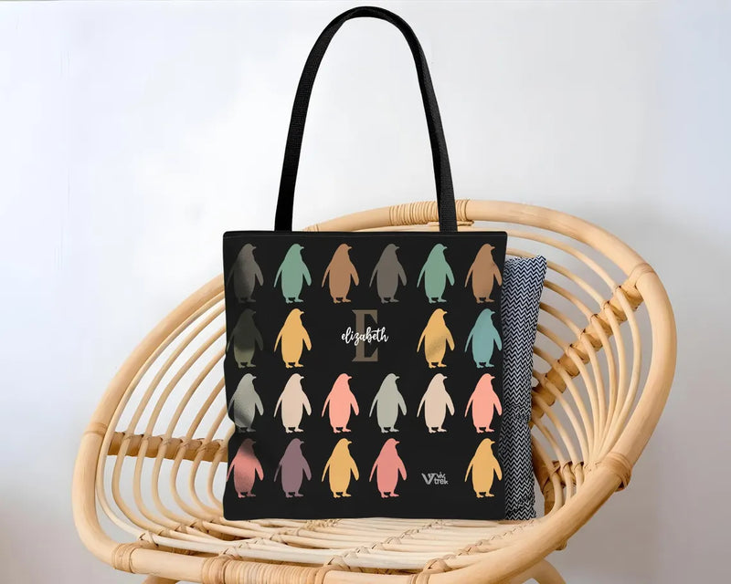 Personalized Penguin Tote Bag Custom Name Initial Kawaii Gift - Retro Ocean Animal Shopper Vintage Sea Creature Tote