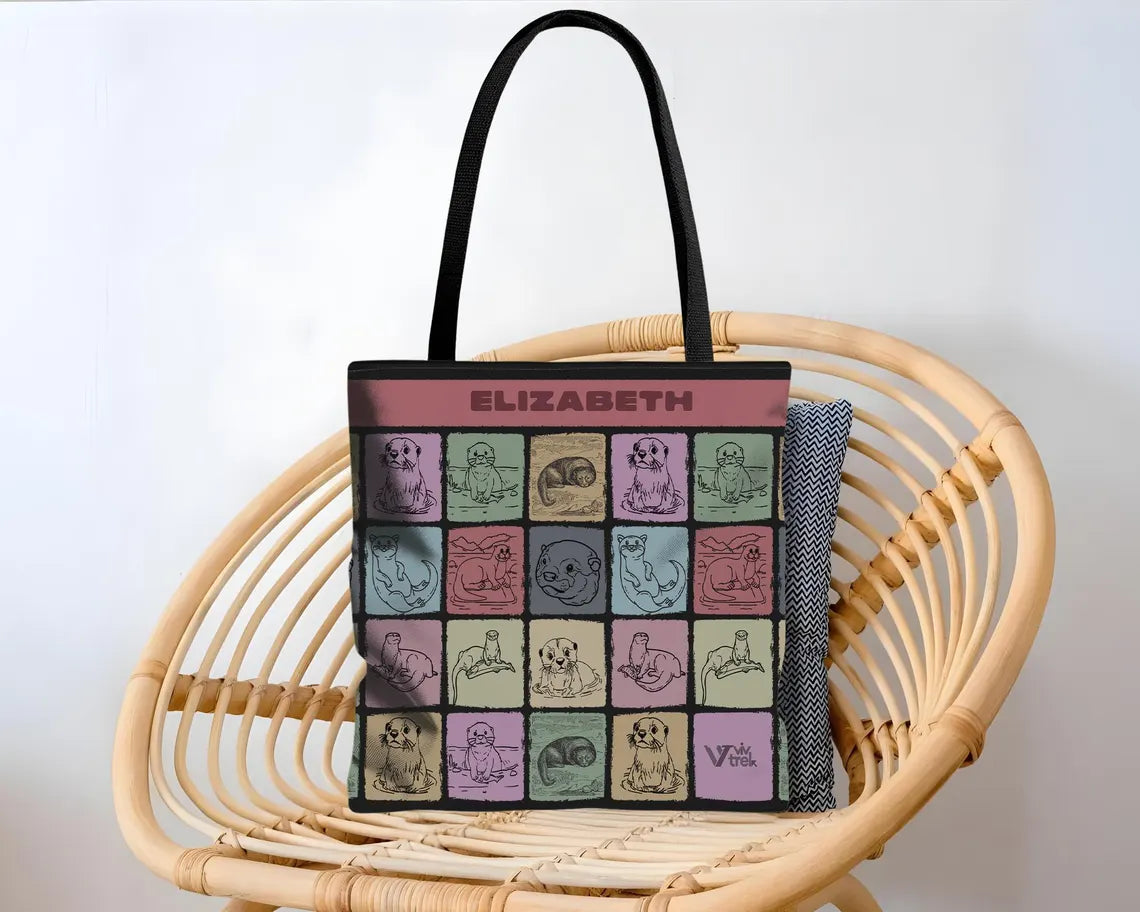 Custom Name Otter Tote Bag – Personalized Retro Sea Life Gift Under $25, Unique Vintage Animal Tote for Her, Him & Everyday Use 🦦