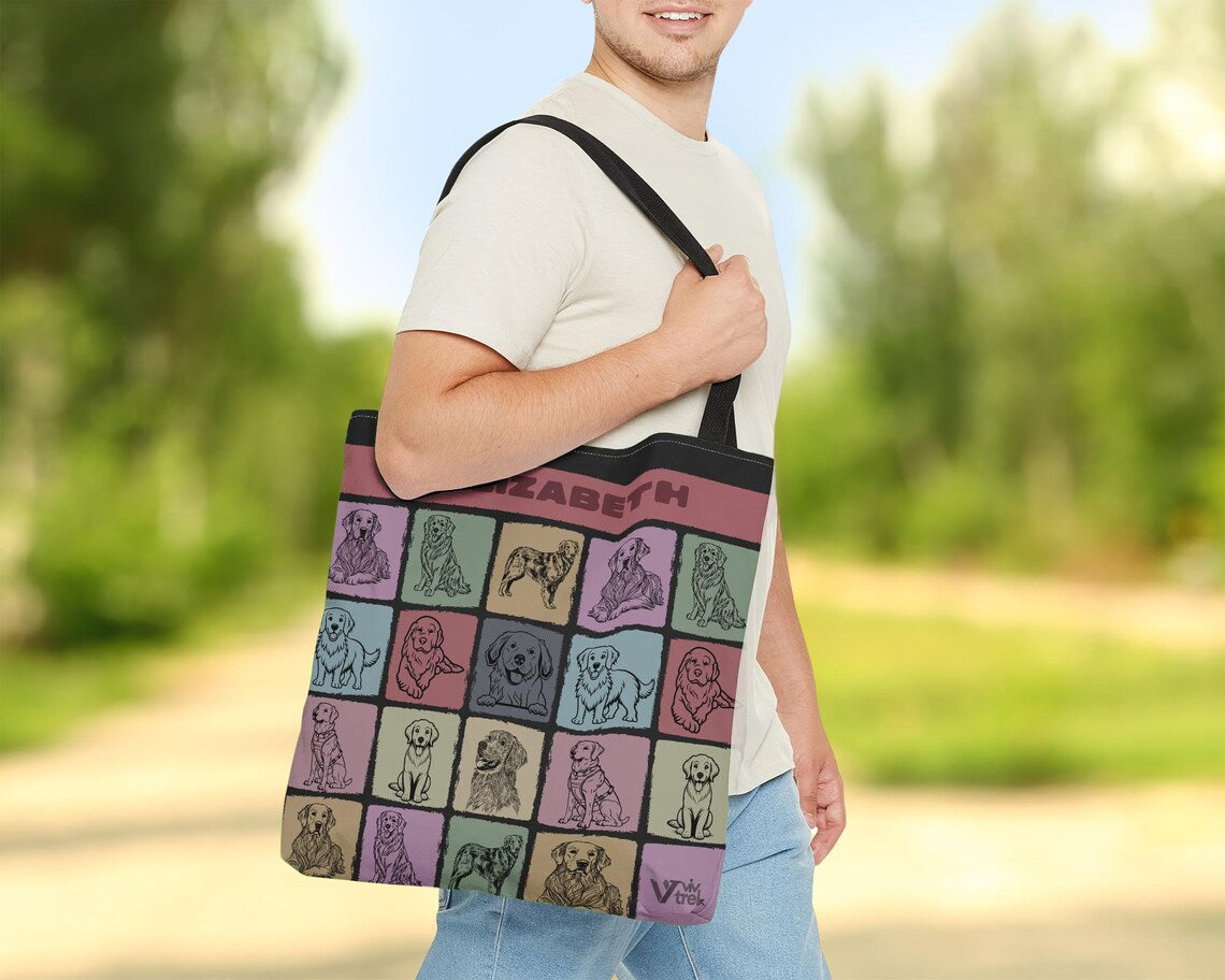 Custom Name Golden Retriever Tote Bag | Personalized Dog Lover Gift | Vintage Pet Shopper | Unique Animal Accessory