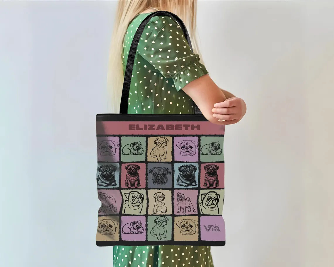 Custom Name Pug Tote Bag | Personalized Dog Lover Gift | Retro Pet Owner Shopper | Vintage Pug Art Accessory