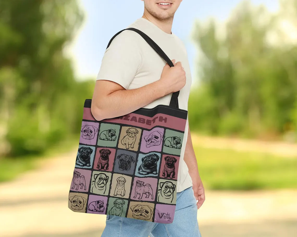 Custom Name Pug Tote Bag | Personalized Dog Lover Gift | Retro Pet Owner Shopper | Vintage Pug Art Accessory