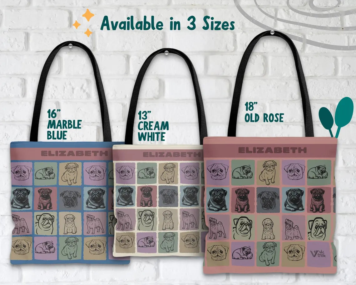 Custom Name Pug Tote Bag | Personalized Dog Lover Gift | Retro Pet Owner Shopper | Vintage Pug Art Accessory
