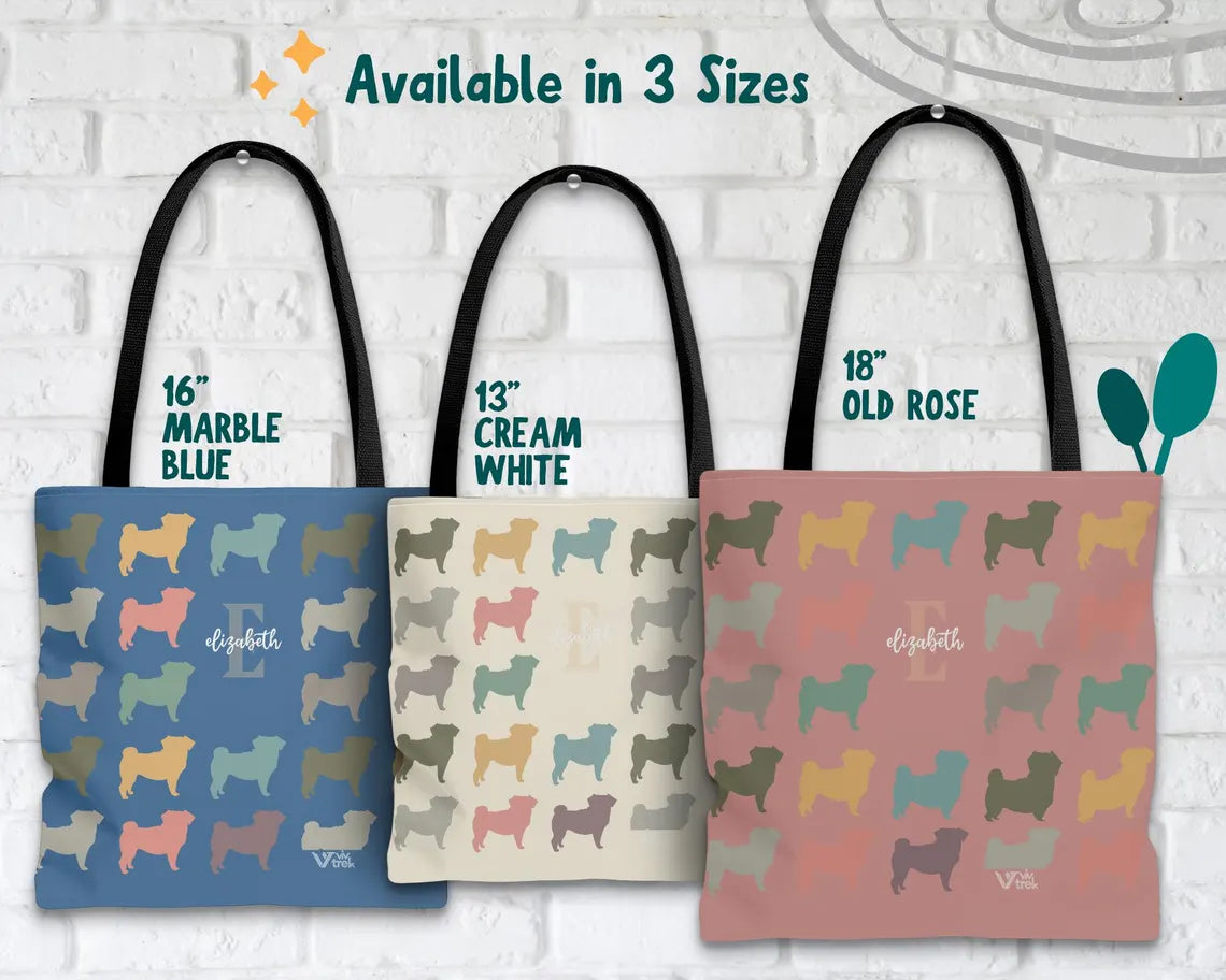 Personalized Initial Pug Dog Tote Bag | Custom Name Dog Lover Gift | Vintage Retro Pet Shopper Accessory