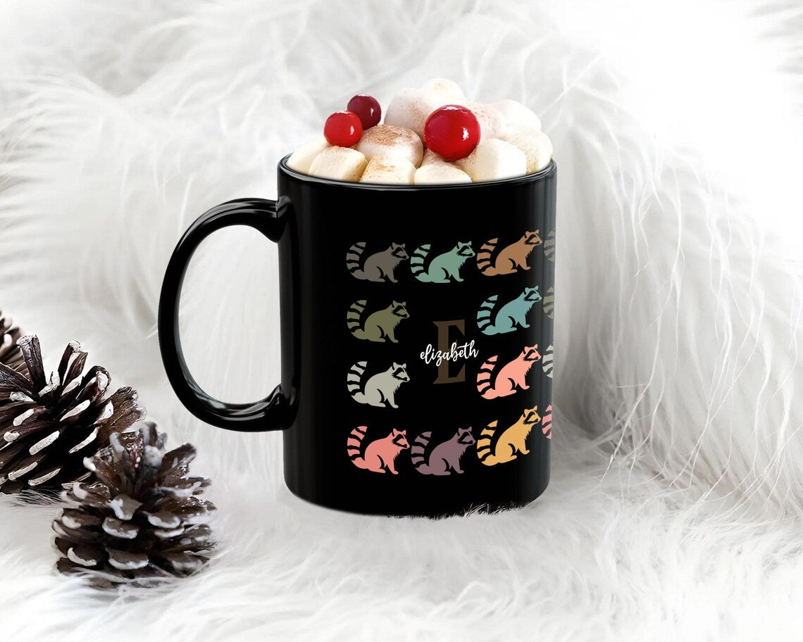 Custom Initial Name Raccoon Mug – Personalized Trash Panda Cup – Vintage Raccoon Graphic Gift – Funny Animal Coffee