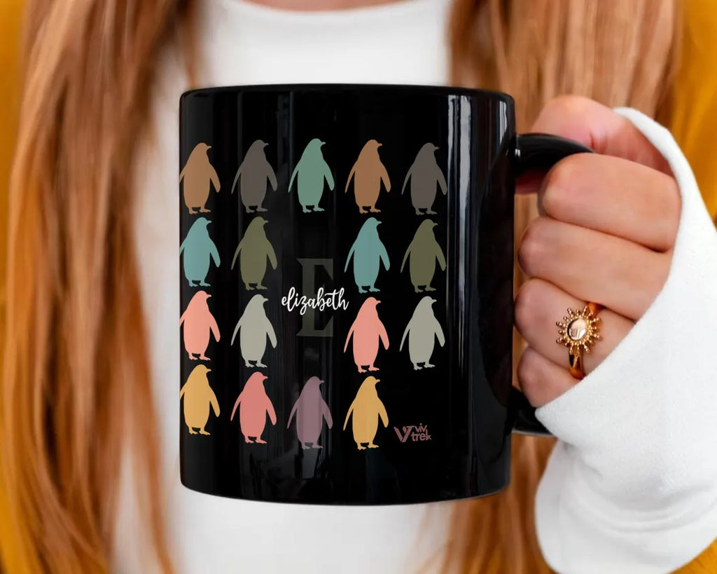 Personalized Initial Penguin Coffee Mug - Custom Name Ocean Animal Lover Cup - Vintage Penguin Graphic Mug Kawaii Gift