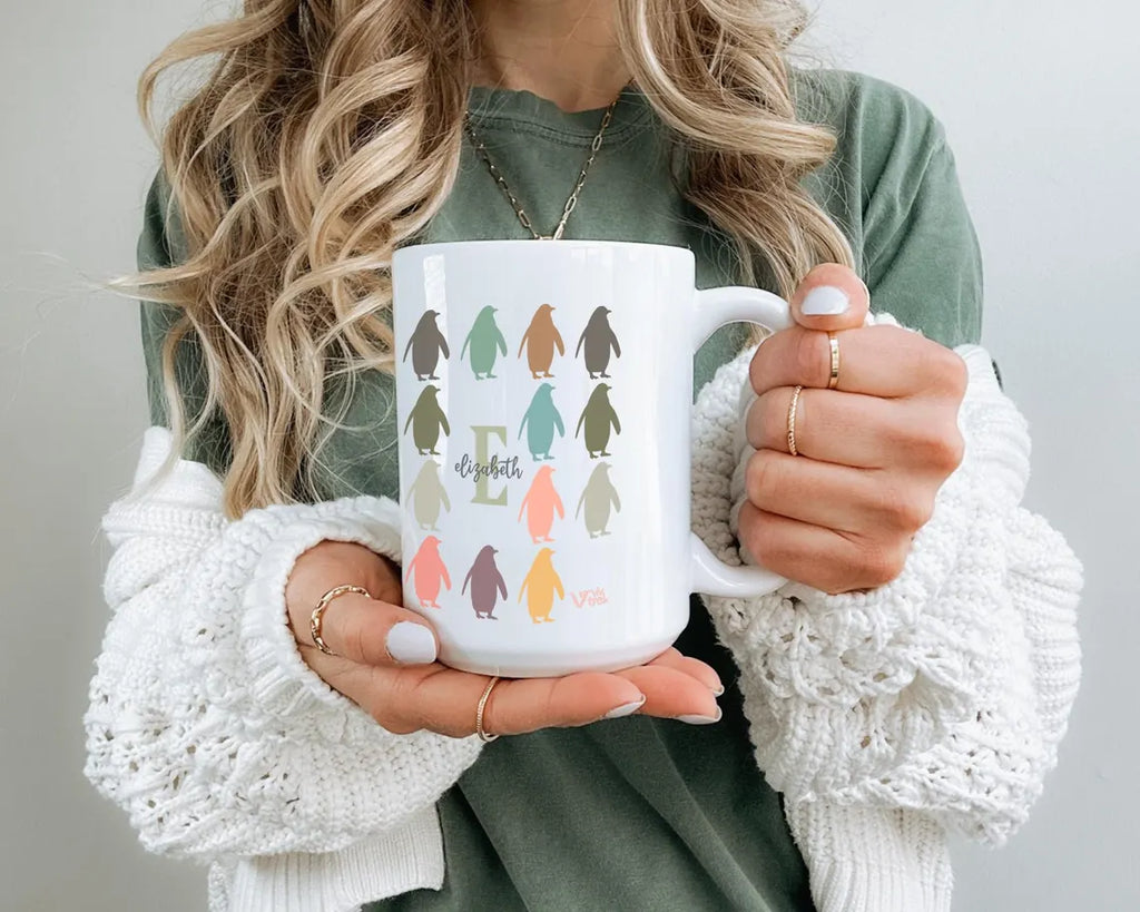 Personalized Initial Penguin Coffee Mug - Custom Name Ocean Animal Lover Cup - Vintage Penguin Graphic Mug Kawaii Gift