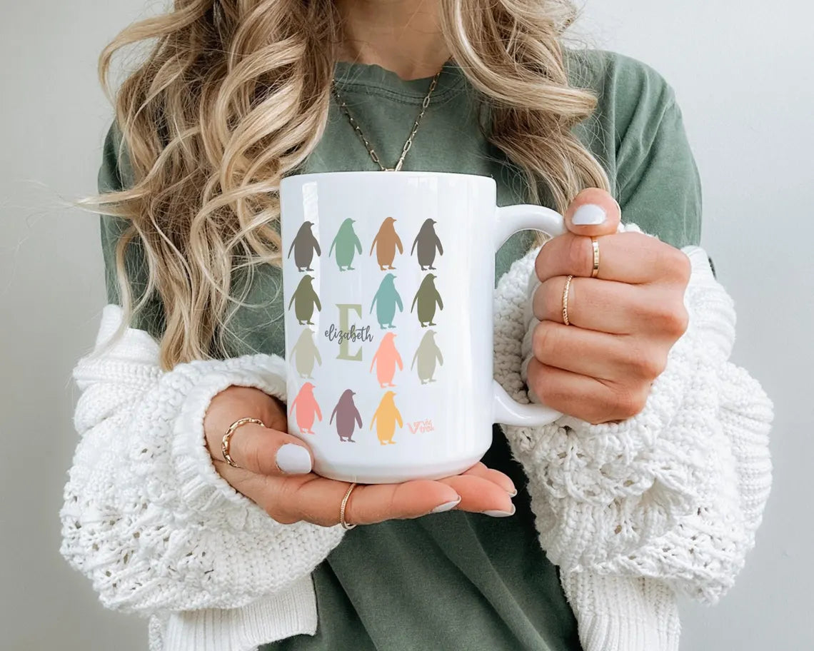 Personalized Initial Penguin Coffee Mug - Custom Name Ocean Animal Lover Cup - Vintage Penguin Graphic Mug Kawaii Gift