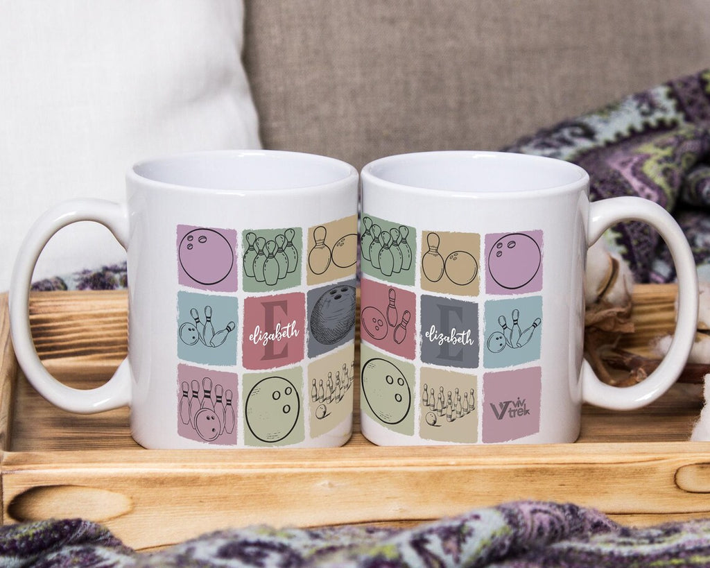 Custom Initial Name Vintage Bowling Coffee Mug Gift | Personalized Pin Design | Cozy Retro Cup | Unique Sport Present