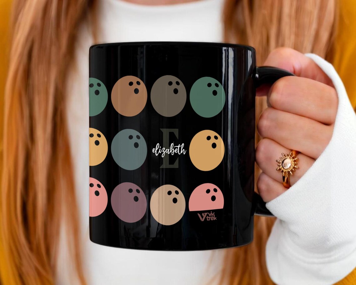 Retro Custom Name Initial Bowling Coffee Mug Gift | Personalized Pin Design | Cozy Player Cup | Unique Sport Lover Present