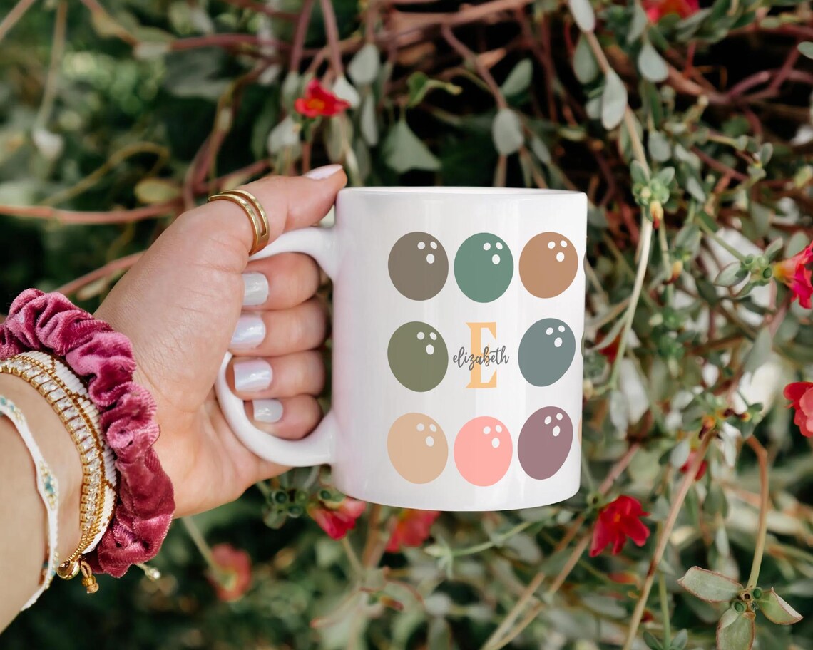 Retro Custom Name Initial Bowling Coffee Mug Gift | Personalized Pin Design | Cozy Player Cup | Unique Sport Lover Present