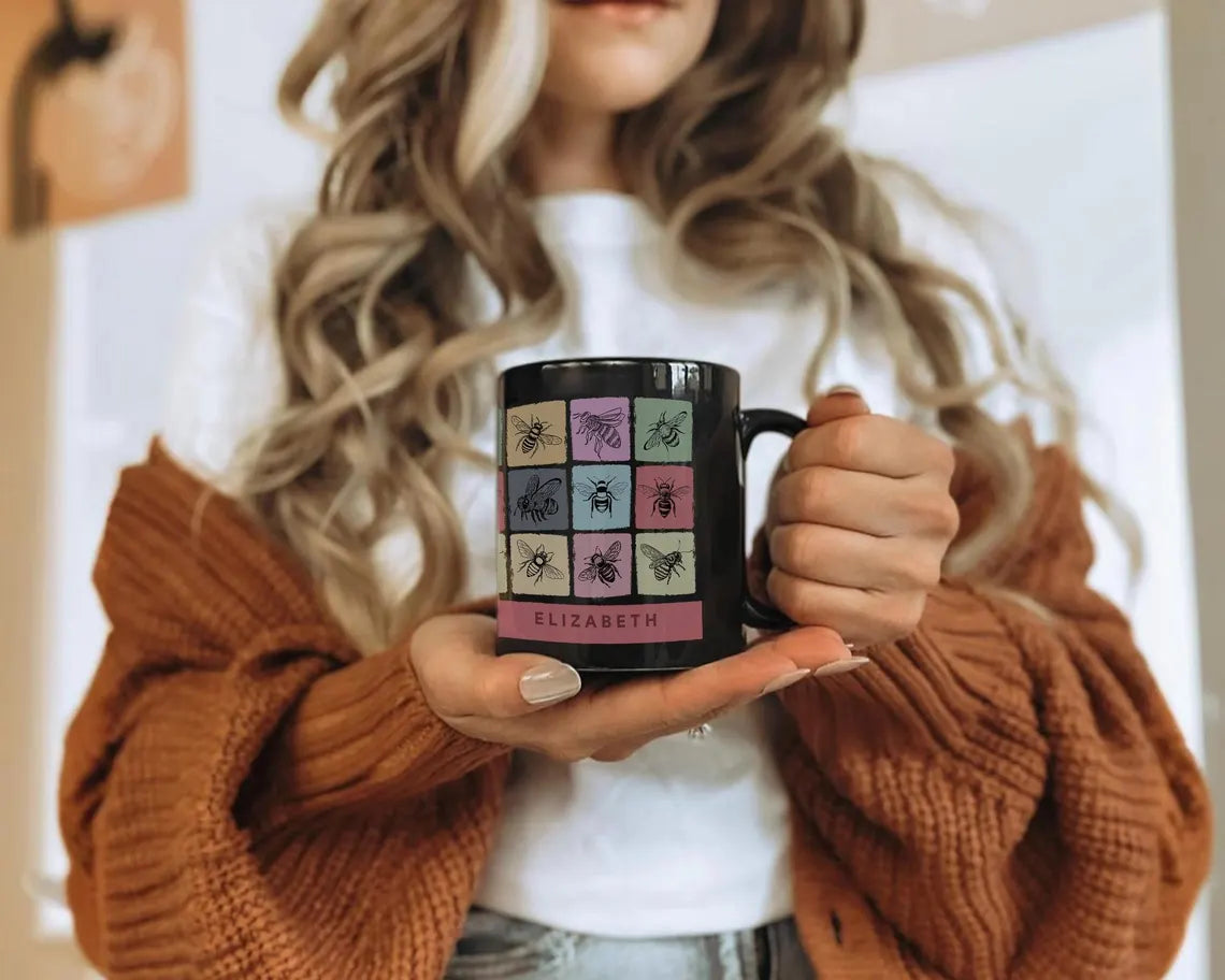 Personalized Custom Name Bee Mug | Vintage Honeybee Coffee Cup | Retro Animal Lover Present | Cozy Queen Bee Drinkware Decor