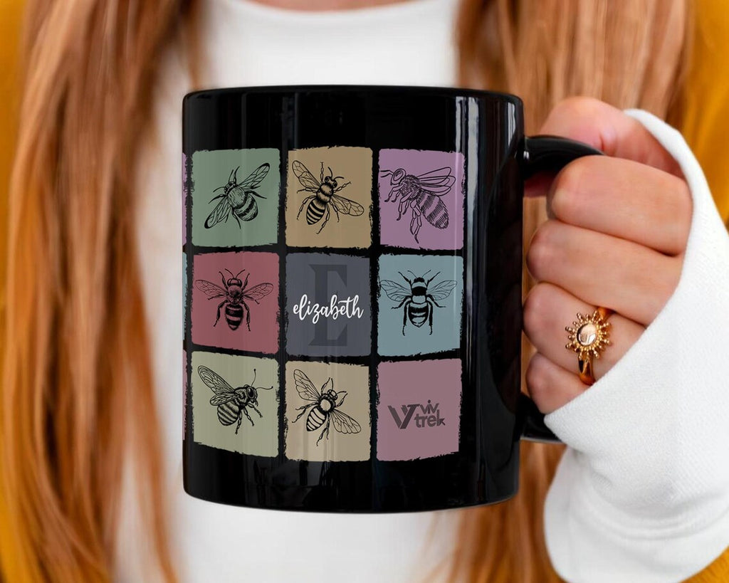 Custom Initial Name Mug | Personalized Queen Bee Gift | Vintage Honeybee Cup | Cozy Animal Lover Present | Unique Bee Keeper Drinkware