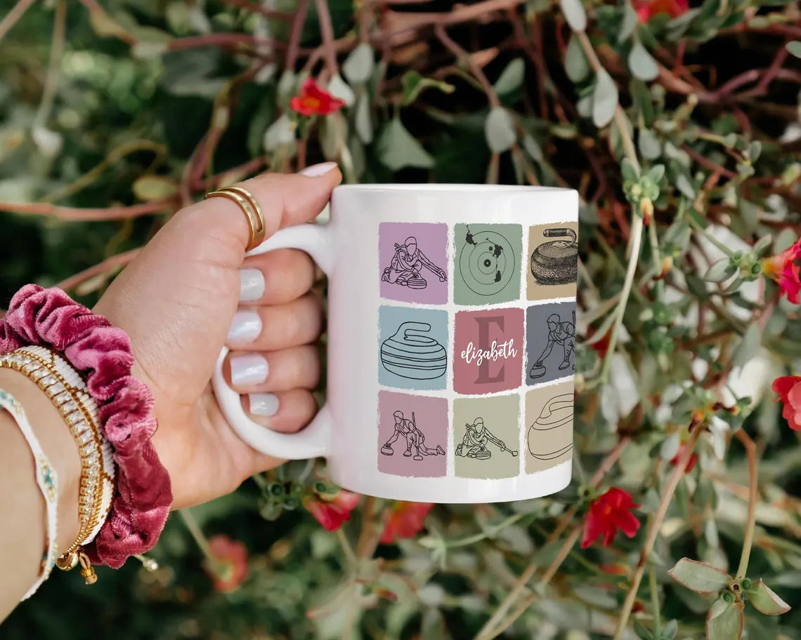 Custom Initial Name Curling Mug – Vintage Personalized Sports Gift Under $25 for Curlers & Team Players ☕🥌
