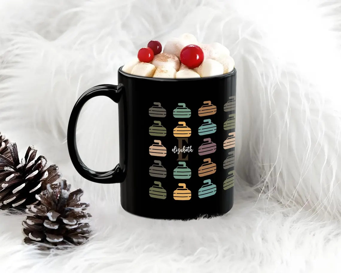 Retro Curling Custom Initial Name Mug – Personalized Sports Gift Under $25 for Curlers & Team Players ☕🥌
