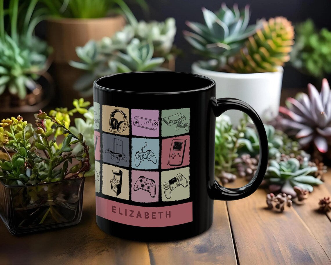 Personalized Video Gaming Mug | Custom Name Gamer Coffee Cup | Vintage Retro Console Gift Idea | Unique Custom Present for Video Game Lovers
