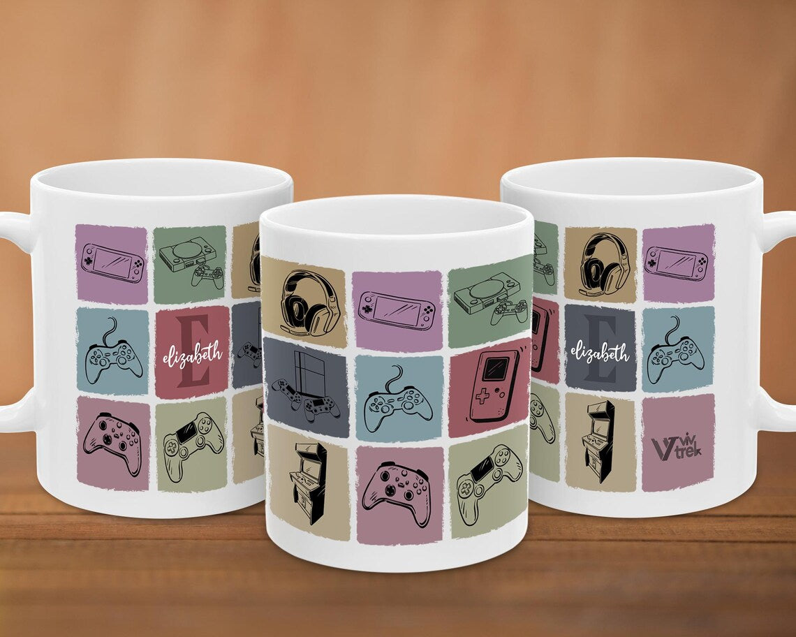 Custom Initial Name Mug | Personalized Video Gaming Coffee Cup | Vintage Retro Gamer Gift Idea | Classic Console Present for Game Lovers