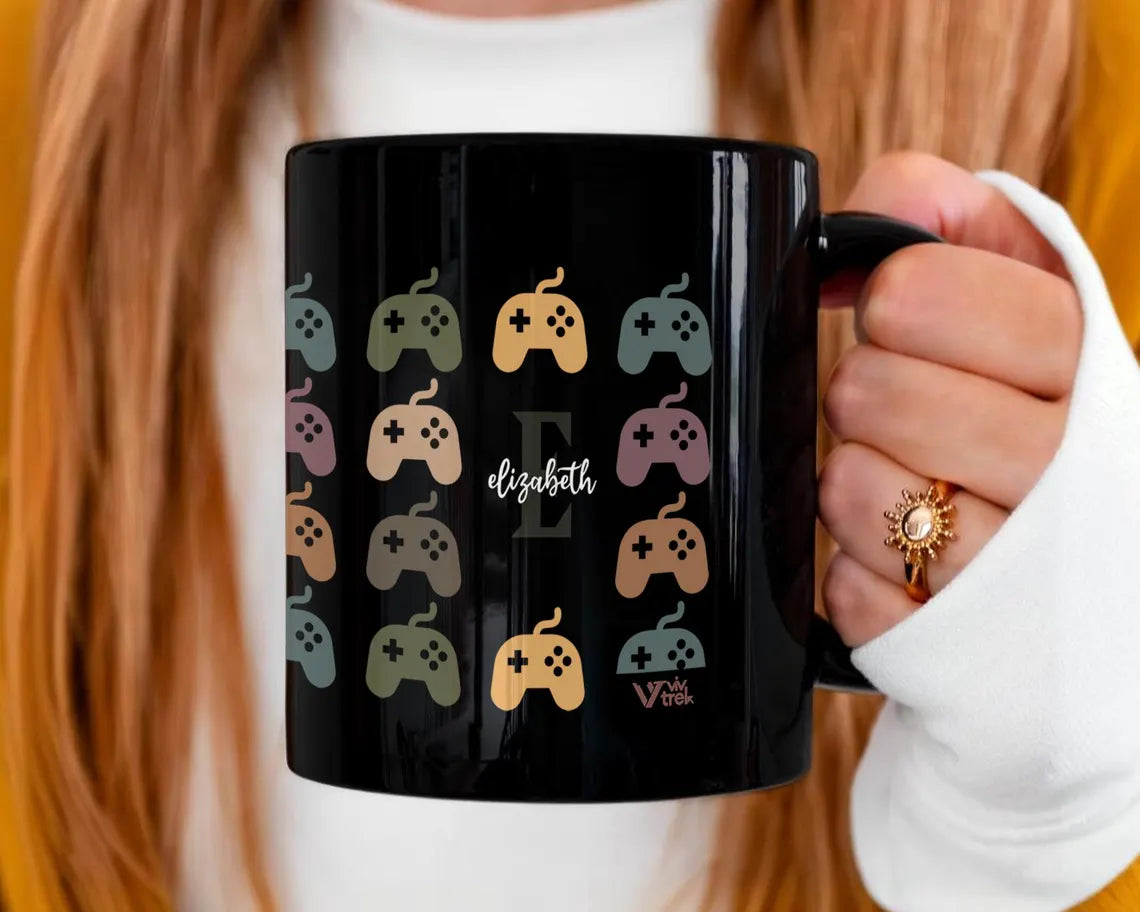 Custom Initial Name Mug | Personalized Retro Video Gaming Coffee Cup | Arcade Gamer Gift | Fun Classic Game Lovers Player Present