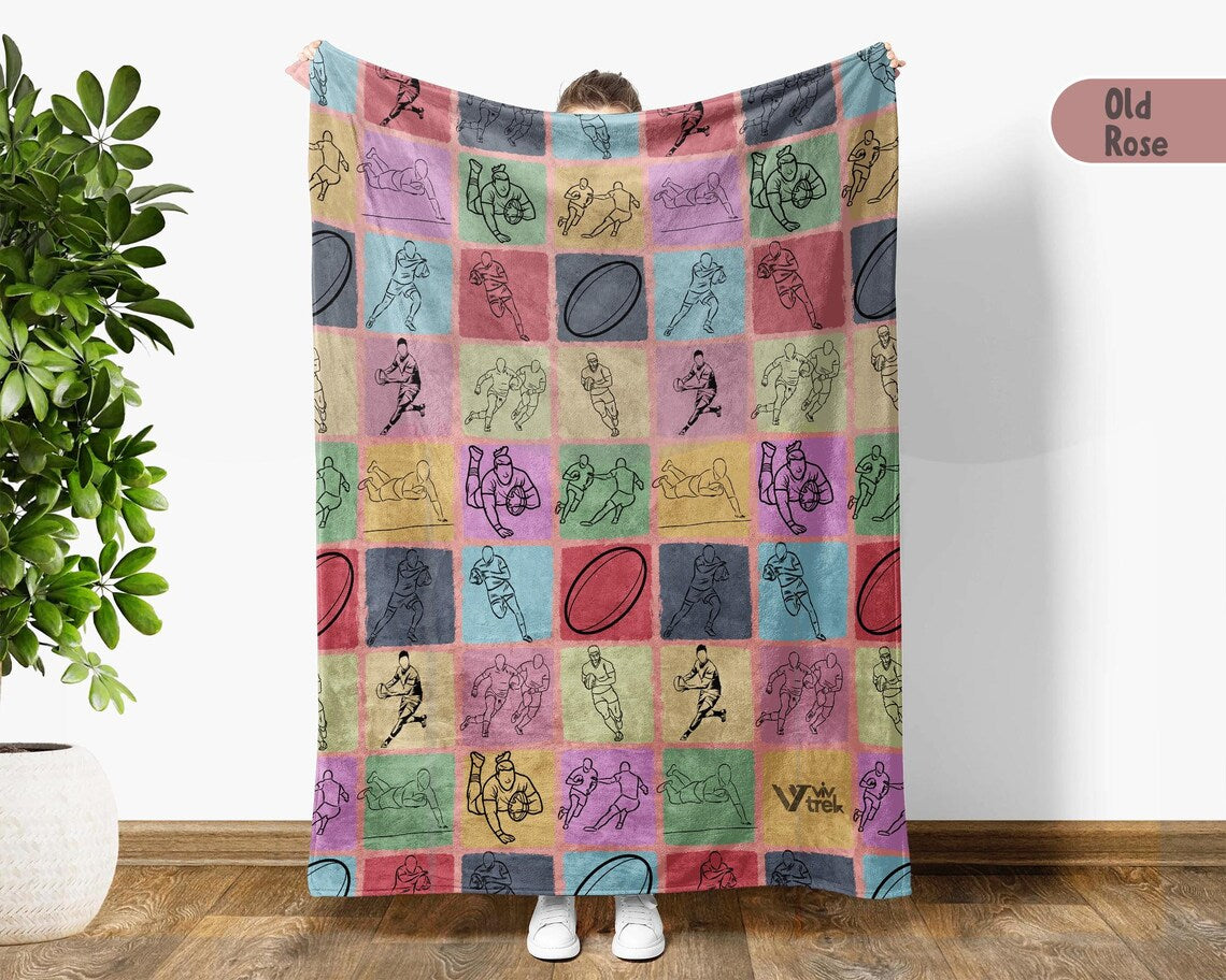 Vintage Rugby Player Gift Blanket - Retro Rugby Lover Throw - Cozy Sports Fleece Unique Rugby Decor Graphic Rugby Gift