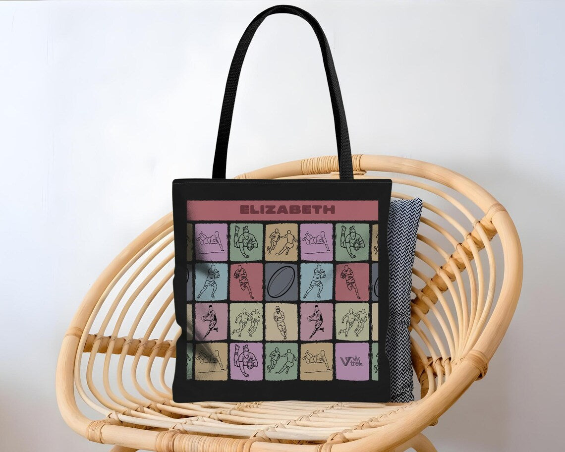 Custom Name Rugby Player Tote Bag - Personalized Rugby Lover Gift - Retro Sports Graphic Cozy Team Player Travel Shopper