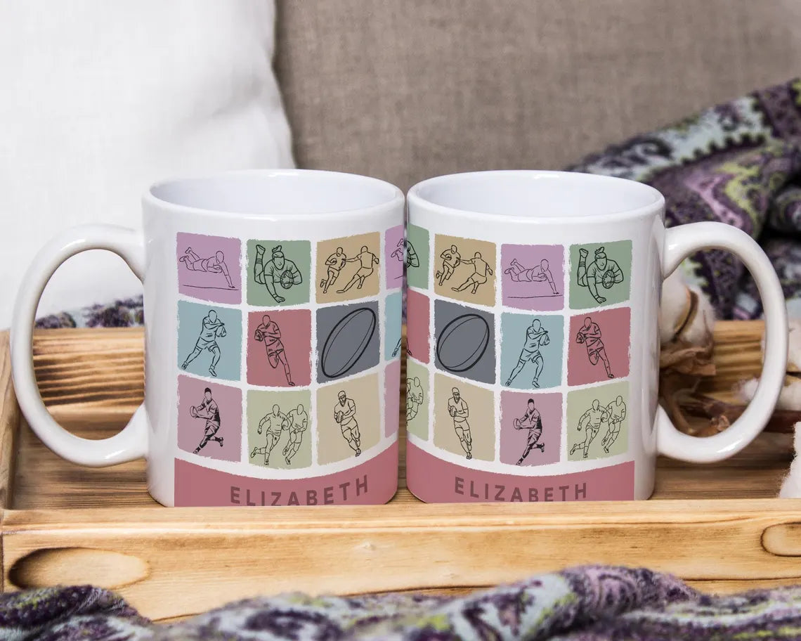 Custom Name Rugby Mug - Vintage Personalized Rugby Lover Cup - Retro Sports Fan Drinkware Unique Rugby Player Gift
